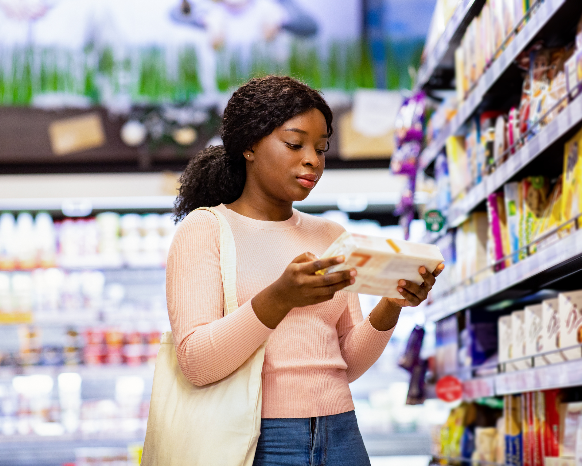 portrait of a young woman with tote bag holding food product, buying groceries at supermarket