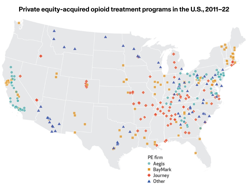Map showing the number and location of private equity-acquired opioid treatment programs across the United States from 2011 to 2022