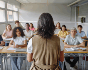 Students sitting in classroom listening to teacher lecture. Education concept
