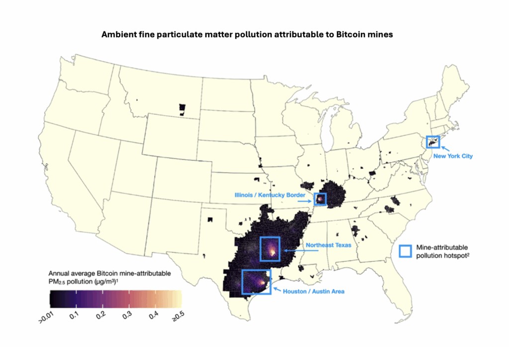 Map of the United States showing fine particulate matter pollution attributable to Bitcoin mines