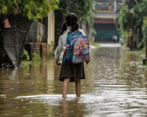 A girl returns from school wades across a flooded street after heavy rains. Indicates connection between climate change and child health