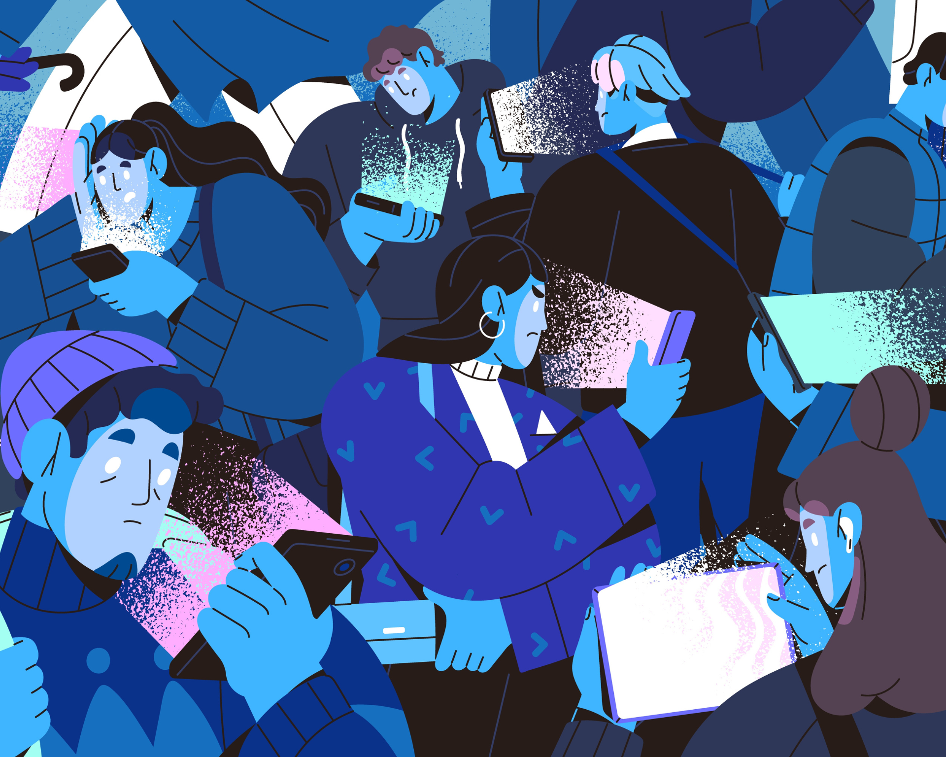 Illustration of a crowd of individuals looking at their phones, scrolling headlines and looking outraged, sad, and angry. Clickbait and rage bait concept.