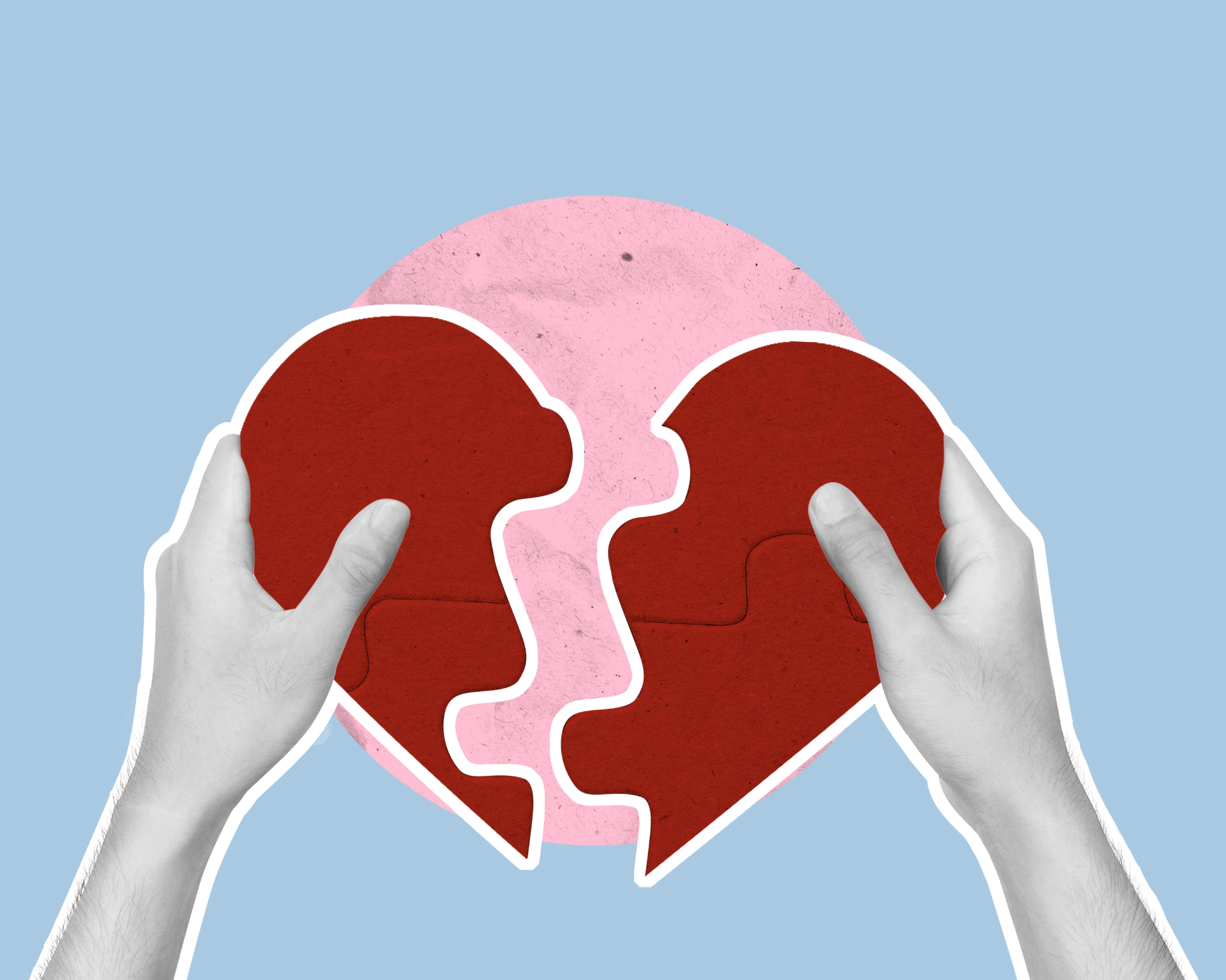 Human hands build a puzzle of a red heart on a colorful background. Romantic relationships and attachment style concept