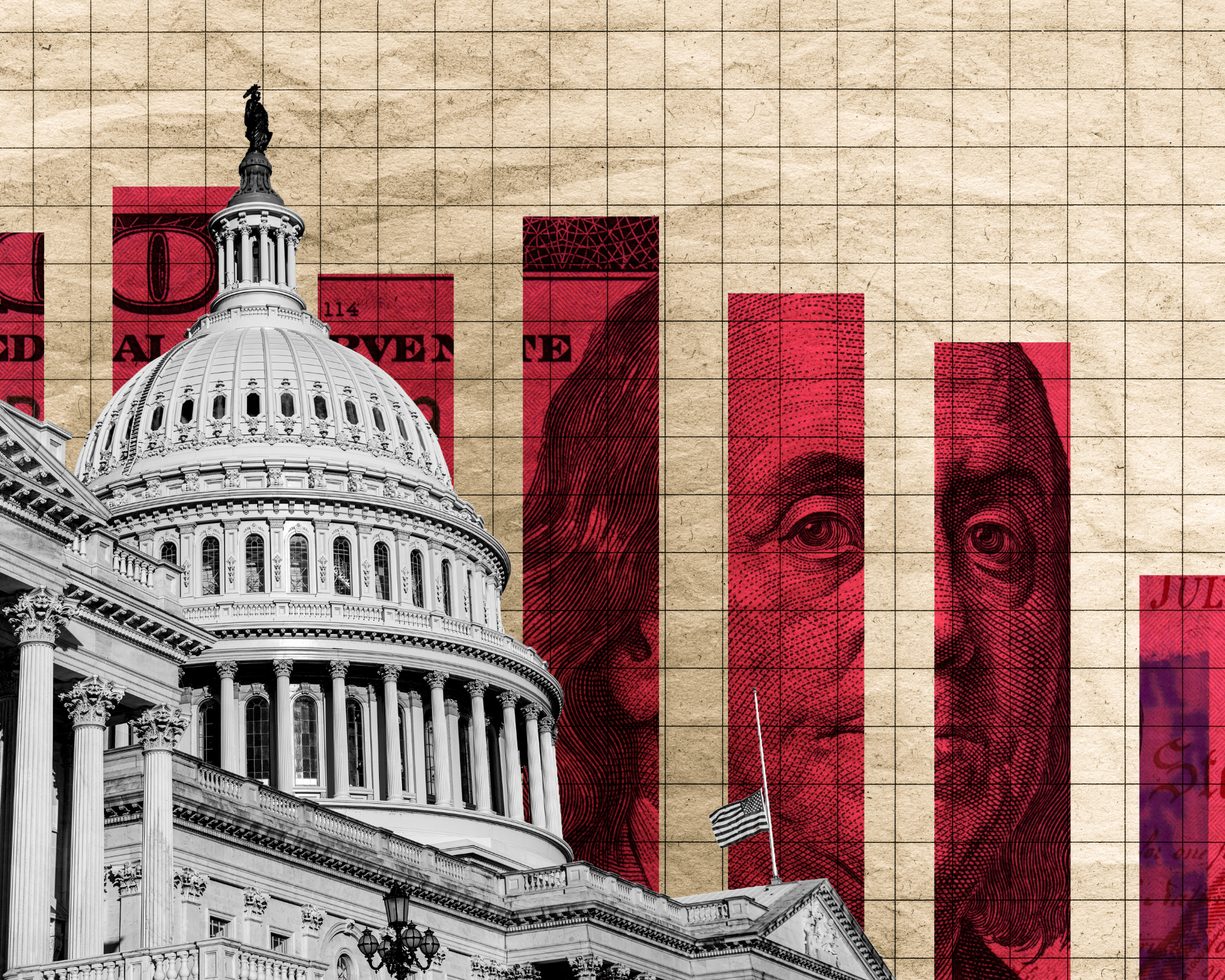 Illustration of a slowing market behind a black and white United States Capitol. Economic recession concept