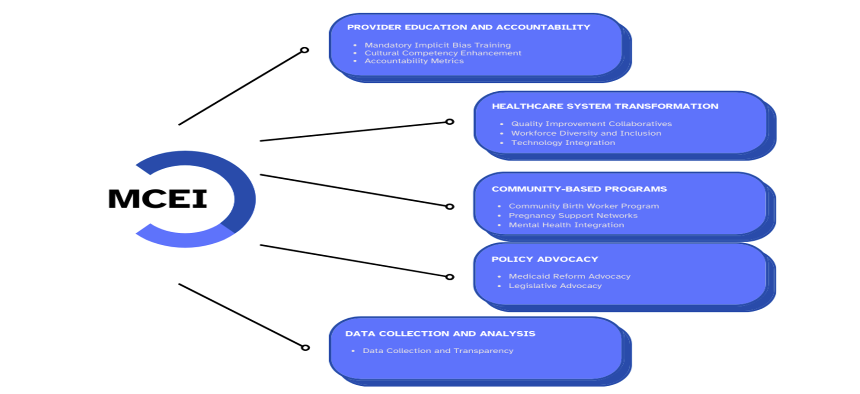 A figure showing the components of the Maternal Care and Equity Intervention (MCEI) framework