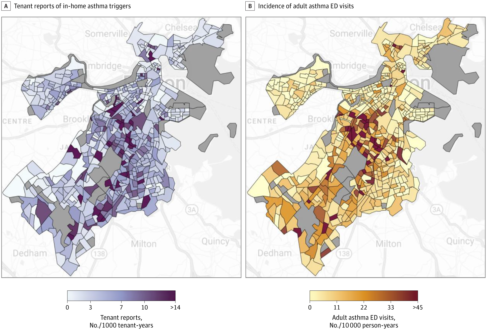 Graphs showing geospatial patterns of tenant reports of in-home asthma triggers and adult asthma emergency department (ED) visits in Boston
