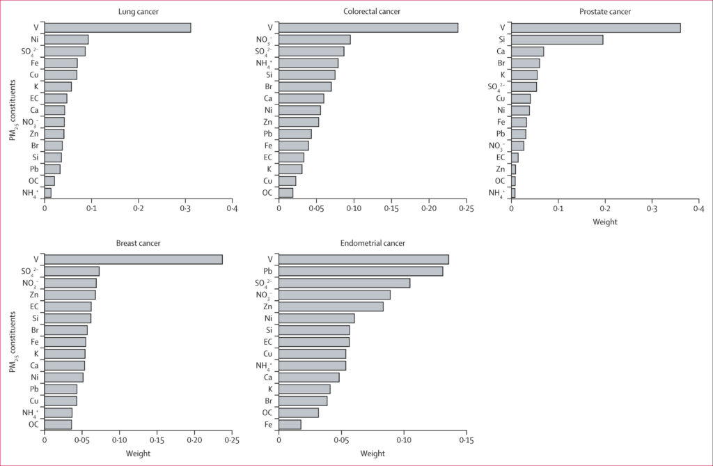 Graph showing levels of PM2.5 constituents and association with cancer incidence
