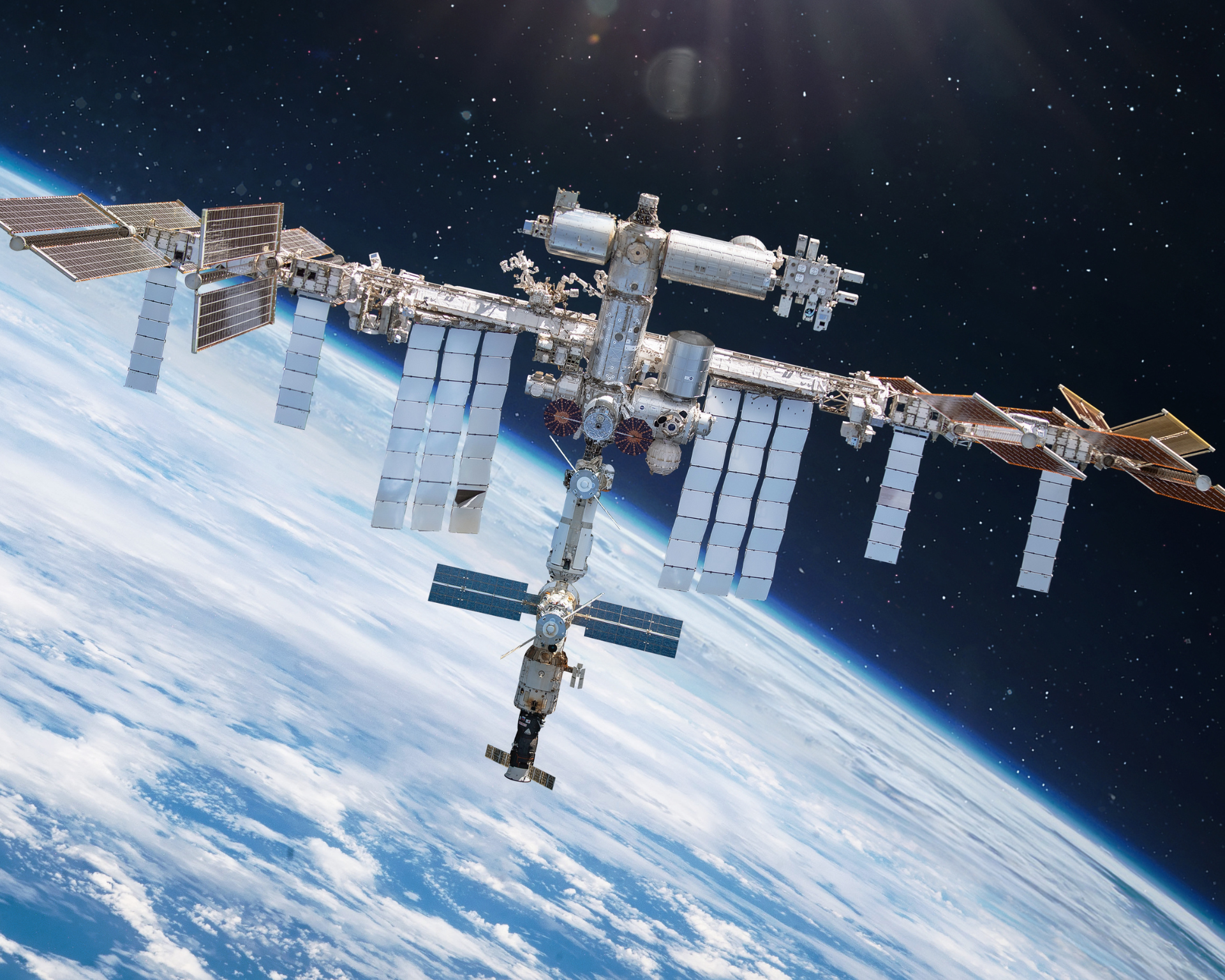 Space station on orbit of Earth. ISS in space near the planet's surface.