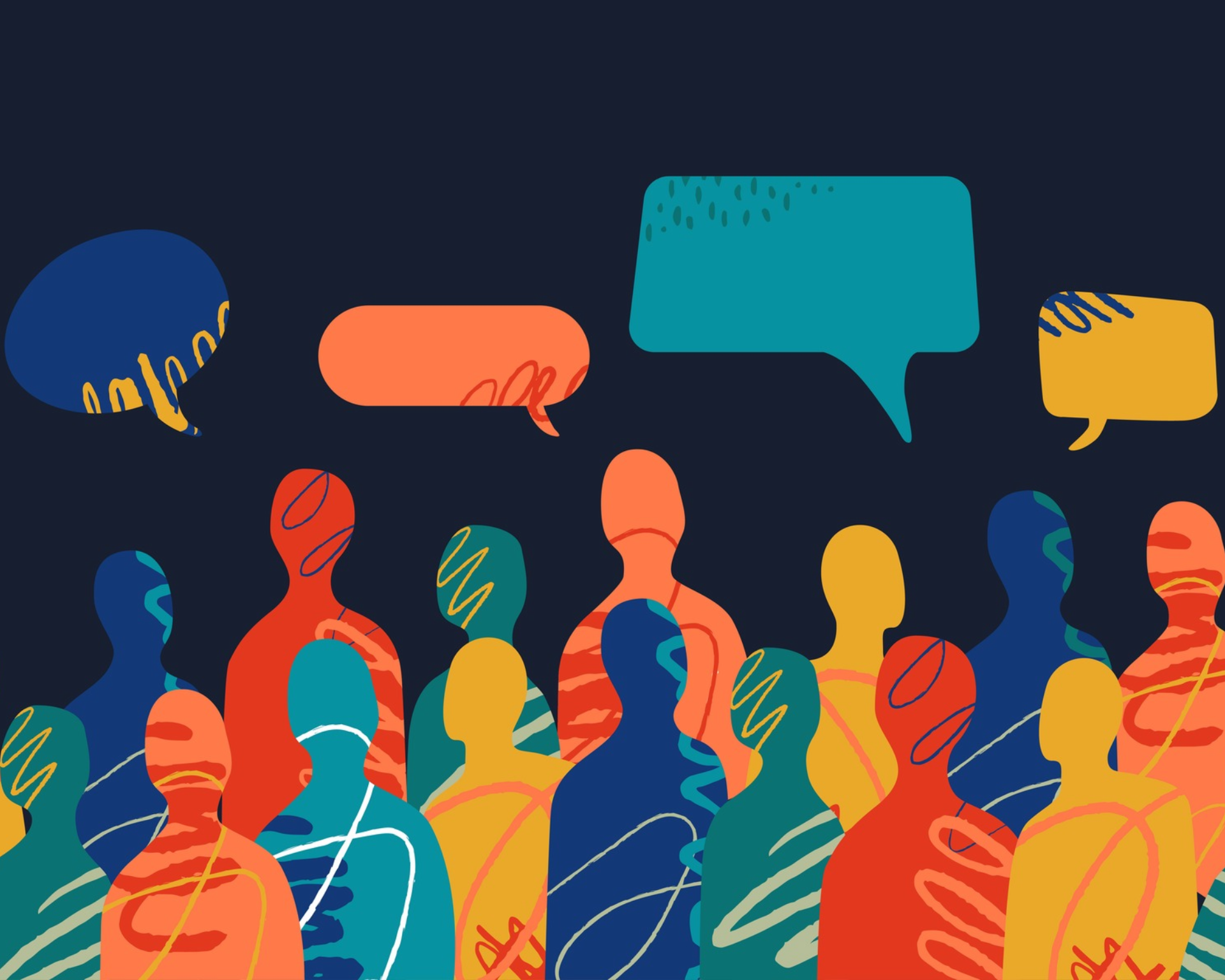 Illustration of diverse people with speech bubbles over their heads. Language sharing concept