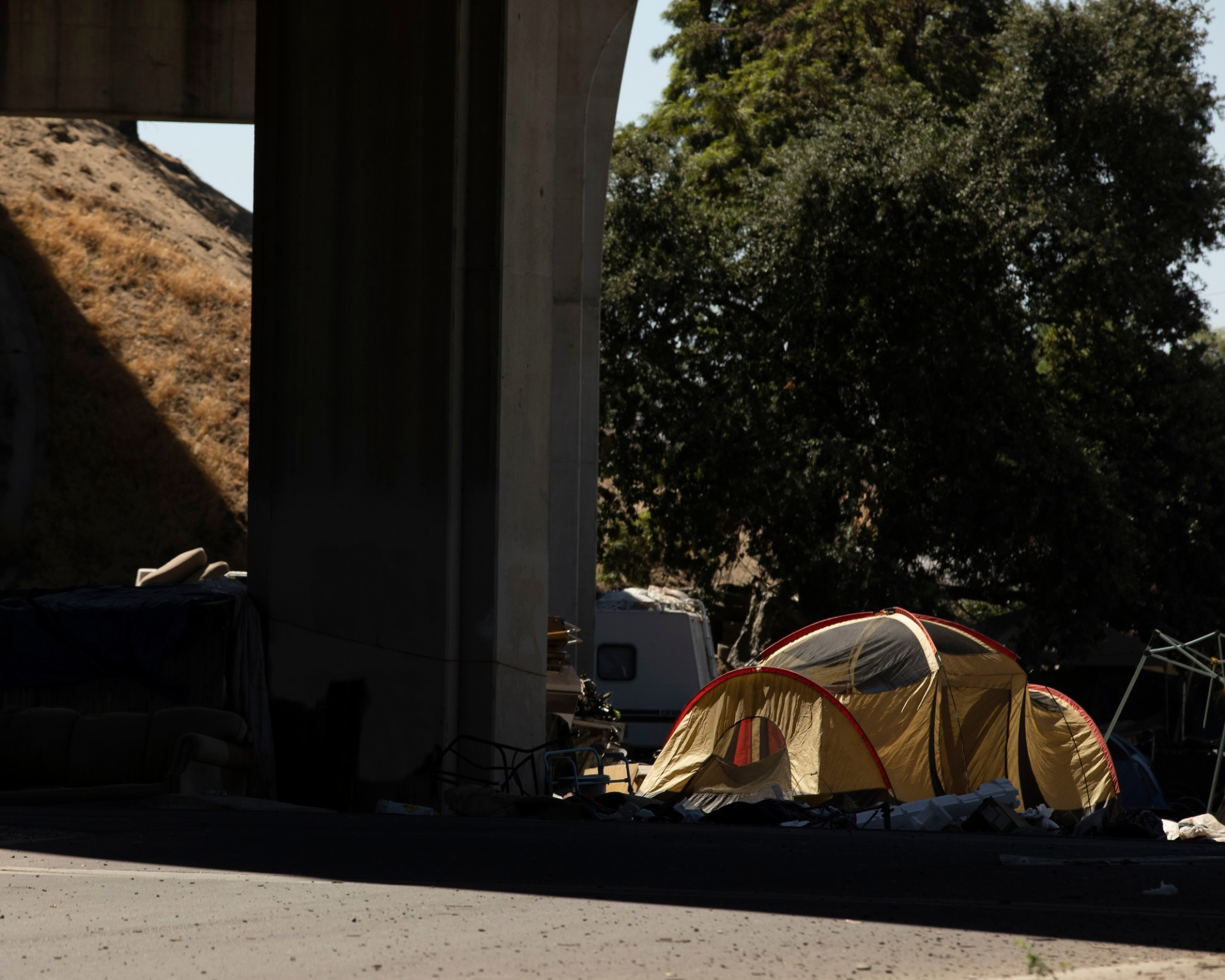 View of a homeless encampment in Stockton, California, USA