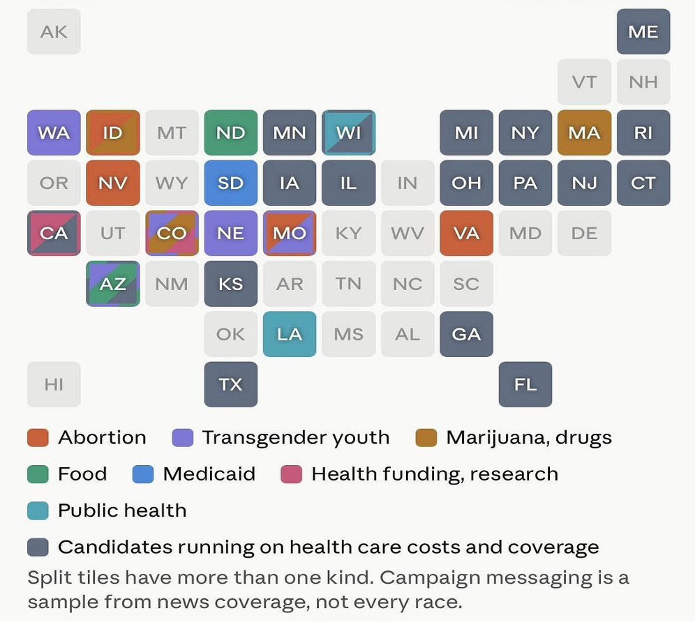 Map of the United States showing where public health-related questions are on the ballot during this year's midterm elections