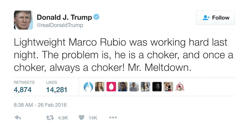 Tweet by Donald Trump about Marco Rubio being a "choker"