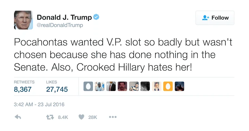Tweet by Donald Trump about "Pocahontas" wanting the VP slot