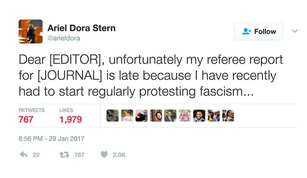 Tweet by Ariel Dora Stern about her report for a journal was late because she has had to start protesting