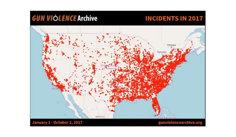 Map of the United States showing incidents of gun violence in 2017