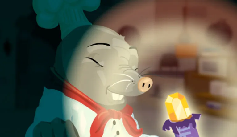 cartoon a cartoon of a pig chef holding a yellow gem