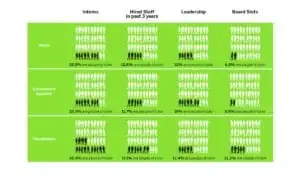 Percentage of people of color at NGOs, Government Agencies, Foundations in categories by Intern, Hired Staff, Leadership, Board Slots