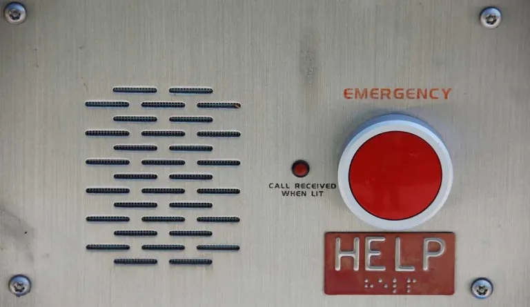 a close up of a red button