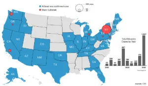 a map of the united states with red dots and numbers