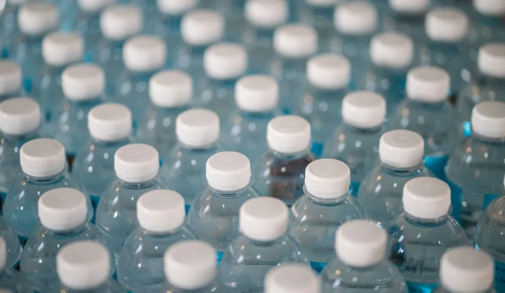 a group of water bottles