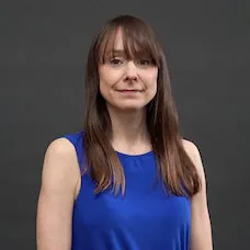 a woman in a blue shirt