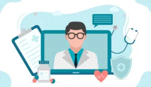 a man in a white coat and glasses on a computer screen
