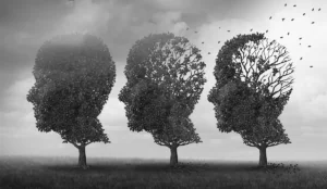 leaves on trees sequentially blowing away in the shape of heads