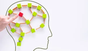 a head with a red cube in the middle and a line of wooden blocks