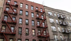 a building with red fire escape