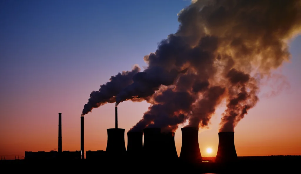 a group of smoke stacks with smoke coming out of them