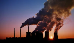 a group of smoke stacks with smoke coming out of them
