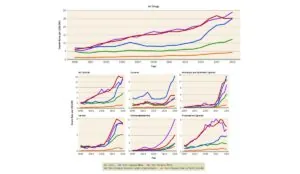 graphs showing drug-related overdose mortality per 100,000 by race/ethnicity and type of drugs involved