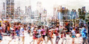 Crowd of people walking on busy city street - abstract city life concept