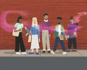 A hand-drawn illustration of five young, diverse, queer individuals in front of a brick wall with a purple haze of smoke surrounding them
