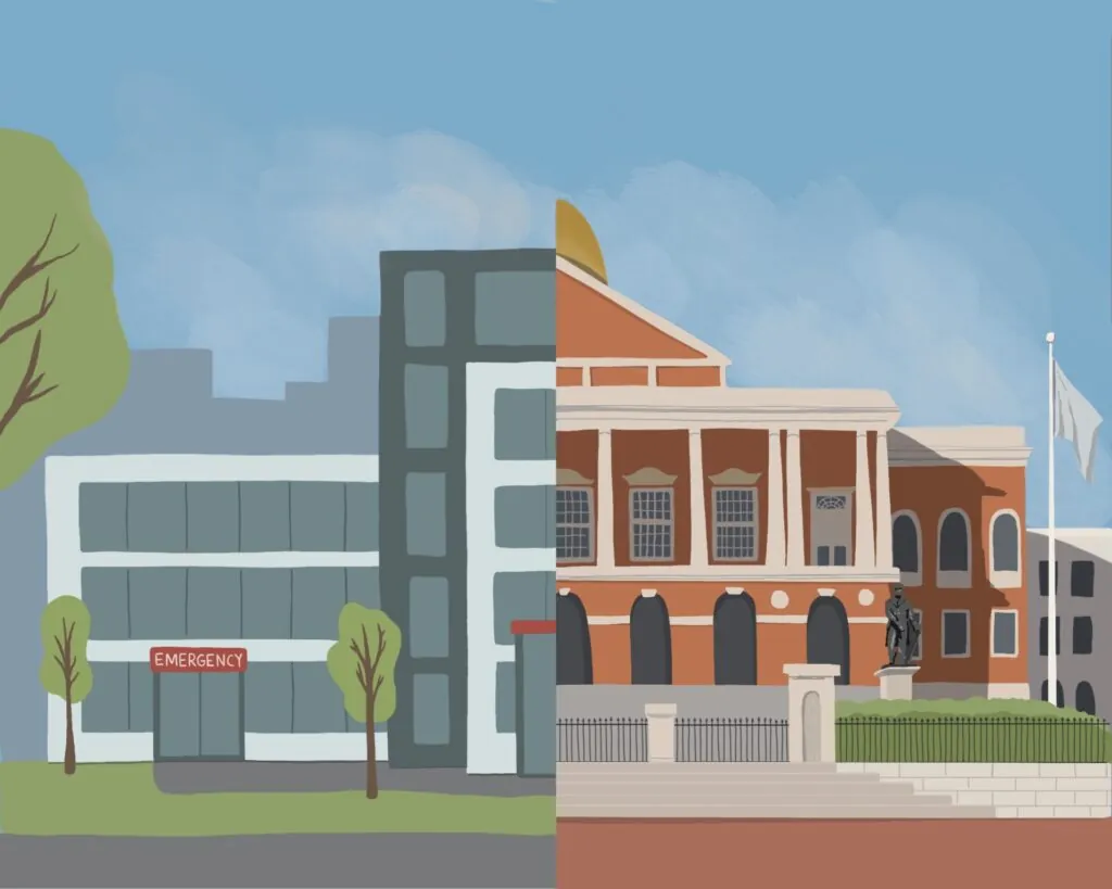 Illustration of a building with two sides: a hospital and the State House. intersection of public health and politics concept