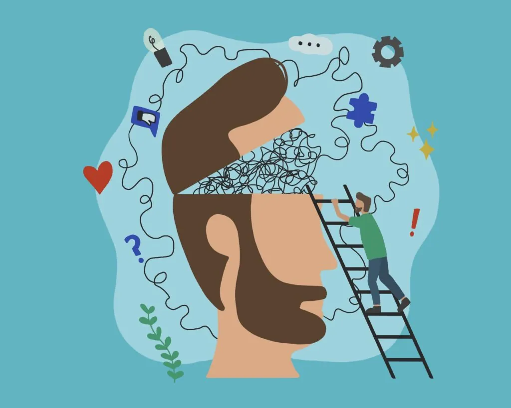 illustration of a man's head with icons and swirling lines around him, as well as a man climbing a ladder. men's mental health concept