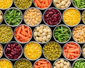 cans of preserved fruits and vegetables