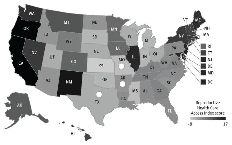 Map showing reproductive health care access across the United States