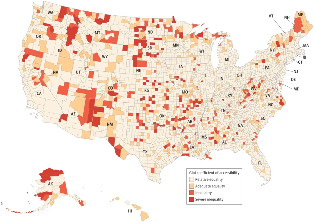 Map of the United States showing accessibility scores of the nearest dental clinic by county