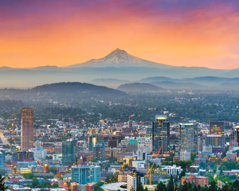 Portland, Oregon, USA downtown skyline with Mt. Hood at dawn