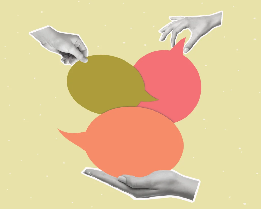 Contemporary art collage of human hands holding dialogue bubble. Concept of health communication, news, chat, infographic.