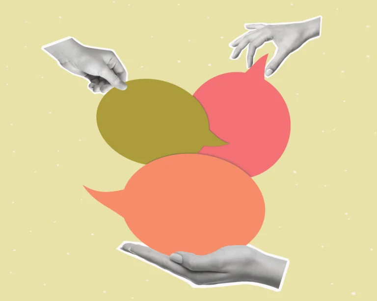 Contemporary art collage of human hands holding dialogue bubble. Concept of health communication, news, chat, infographic.