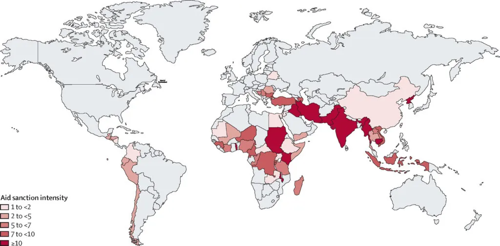 Global map showing aid sanctions from 1990–2019