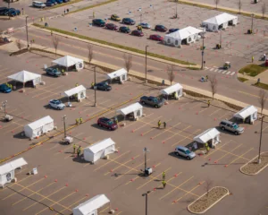 aerial shot of mobile health clinic site during COVID-19