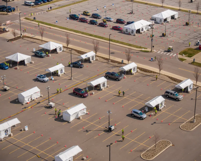 aerial shot of mobile health clinic site during COVID-19