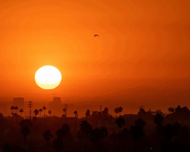 A hot summer sun rises over Los Angeles during a summer heatwave