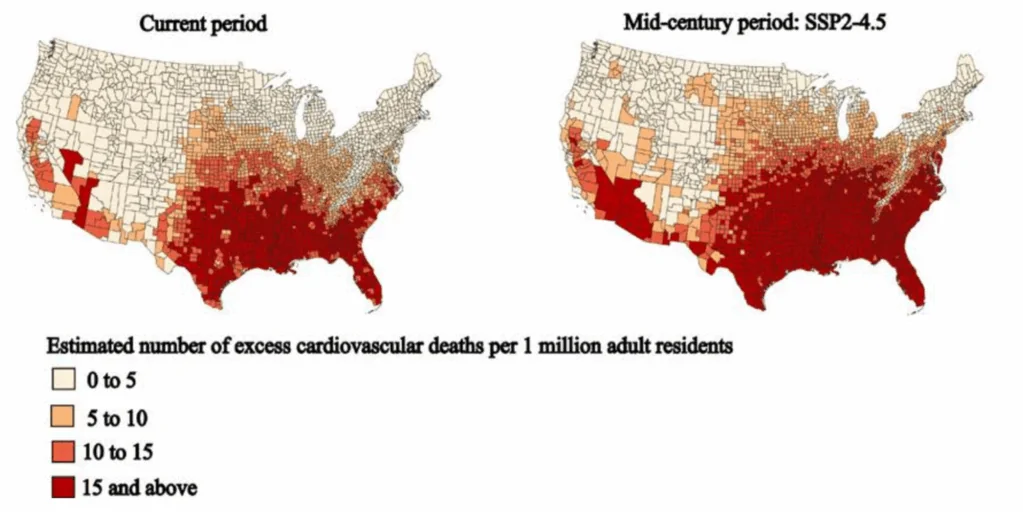 Maps showing the estimated number of excess cardiovascular deaths associated with extreme heat per 1 million adult residents in the current (2008–2019) and midcentury (2036–2065) periods in the contiguous United States.