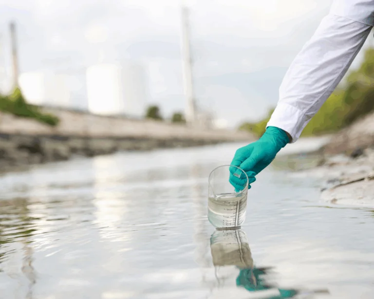 gloved hand of scientist taking a sample of wastewater