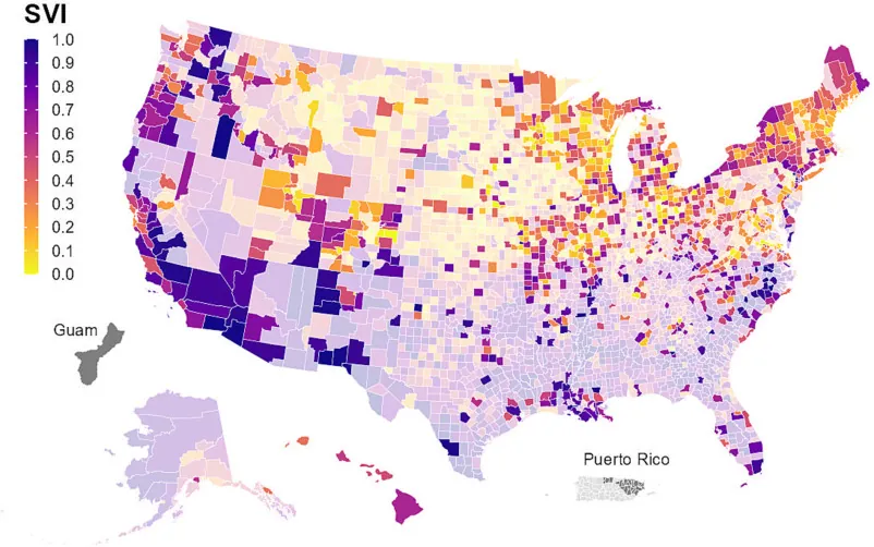 Counties in the United States and U.S. territories by Social Vulnerability Index (SVI); counties covered by CDC's National Wastewater Surveillance System (NWSS) are shown by brighter color