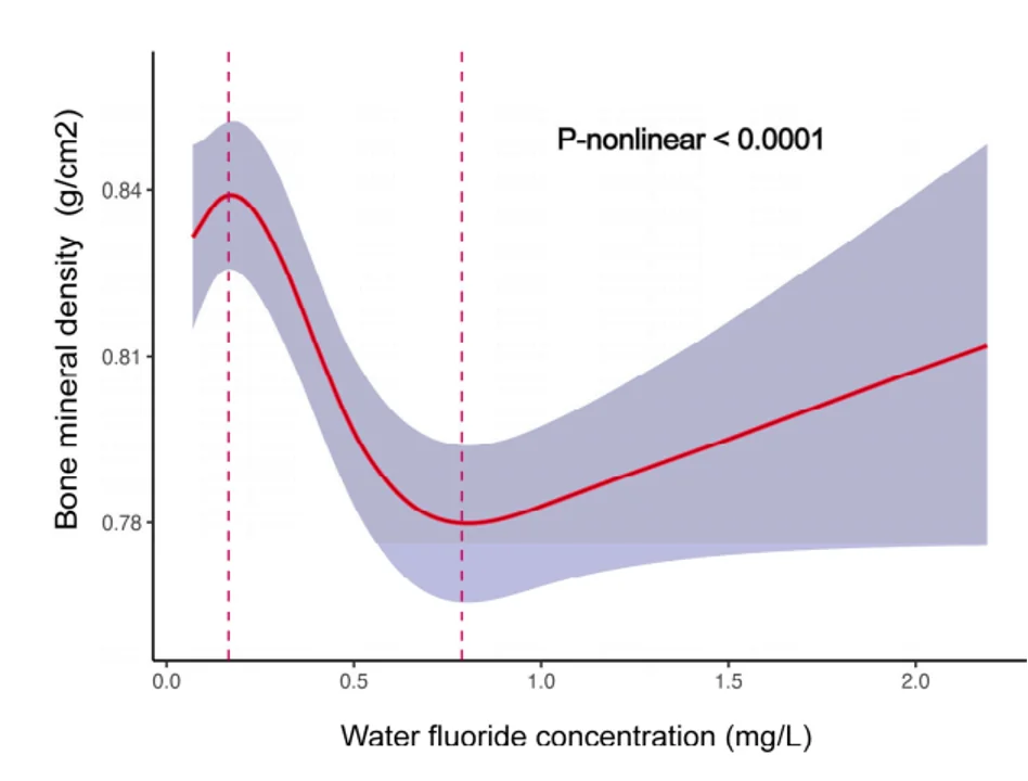graph showing the relationship between water fluoride concentration and bone mineral density